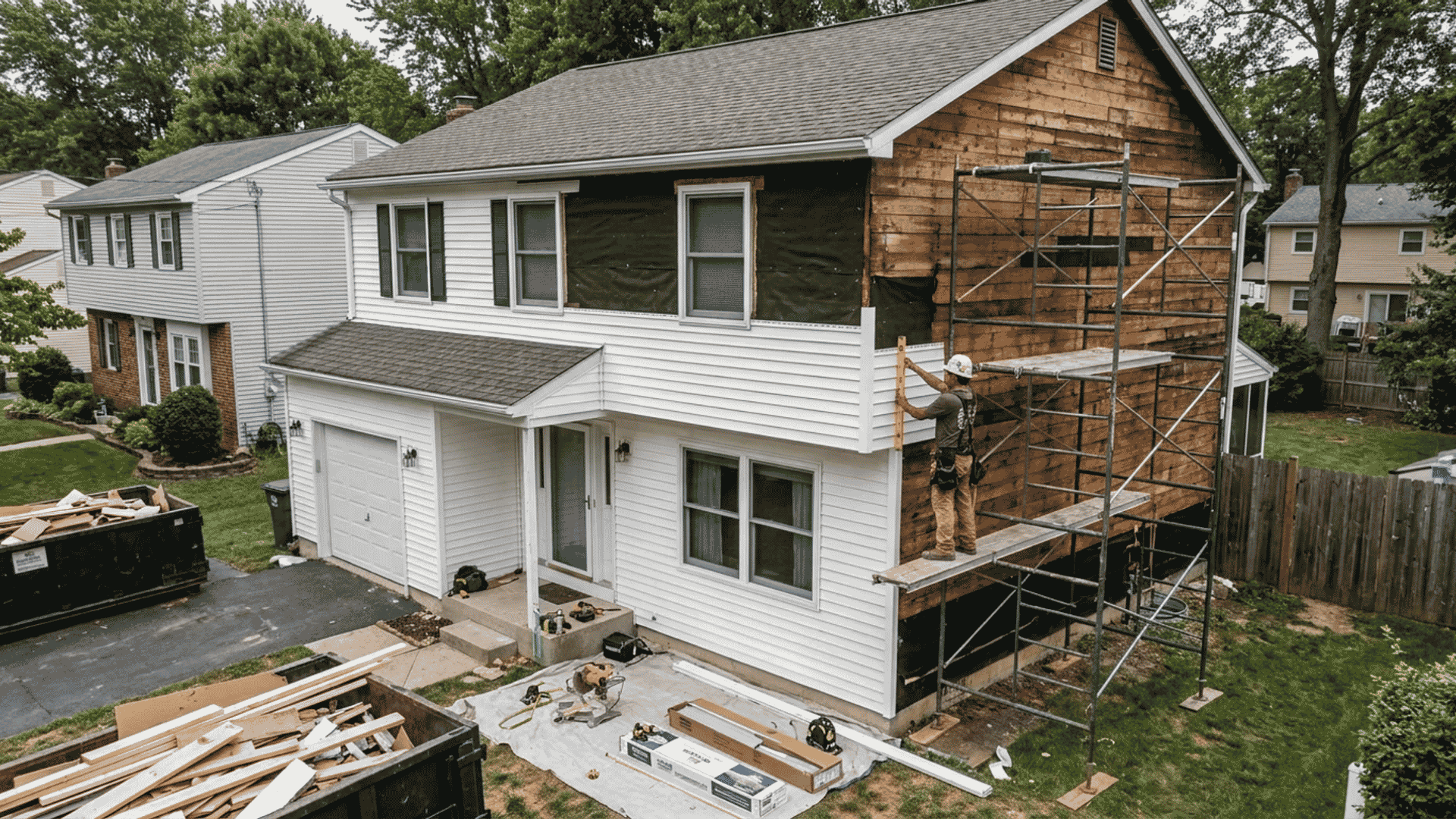 House exterior with partially installed vinyl siding during construction