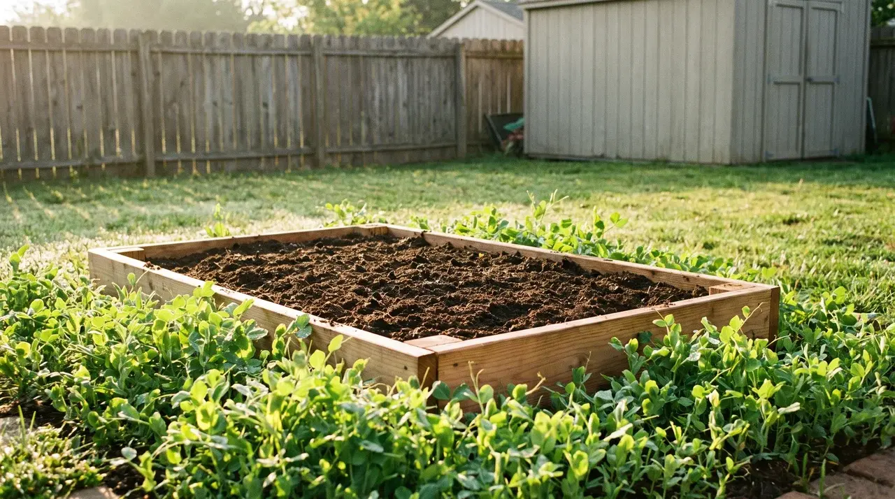 Freshly prepared raised garden bed with seedlings showing how to start a garden at home.