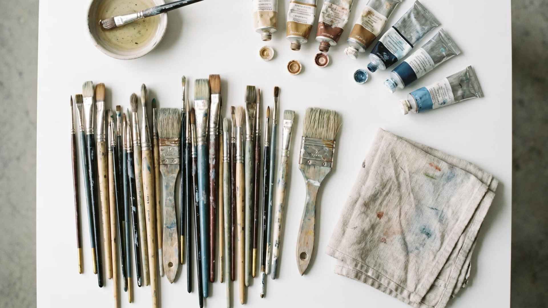 Assorted paintbrushes, paint tubes, and a stained cloth arranged on a white surface for paintbrush cleaning