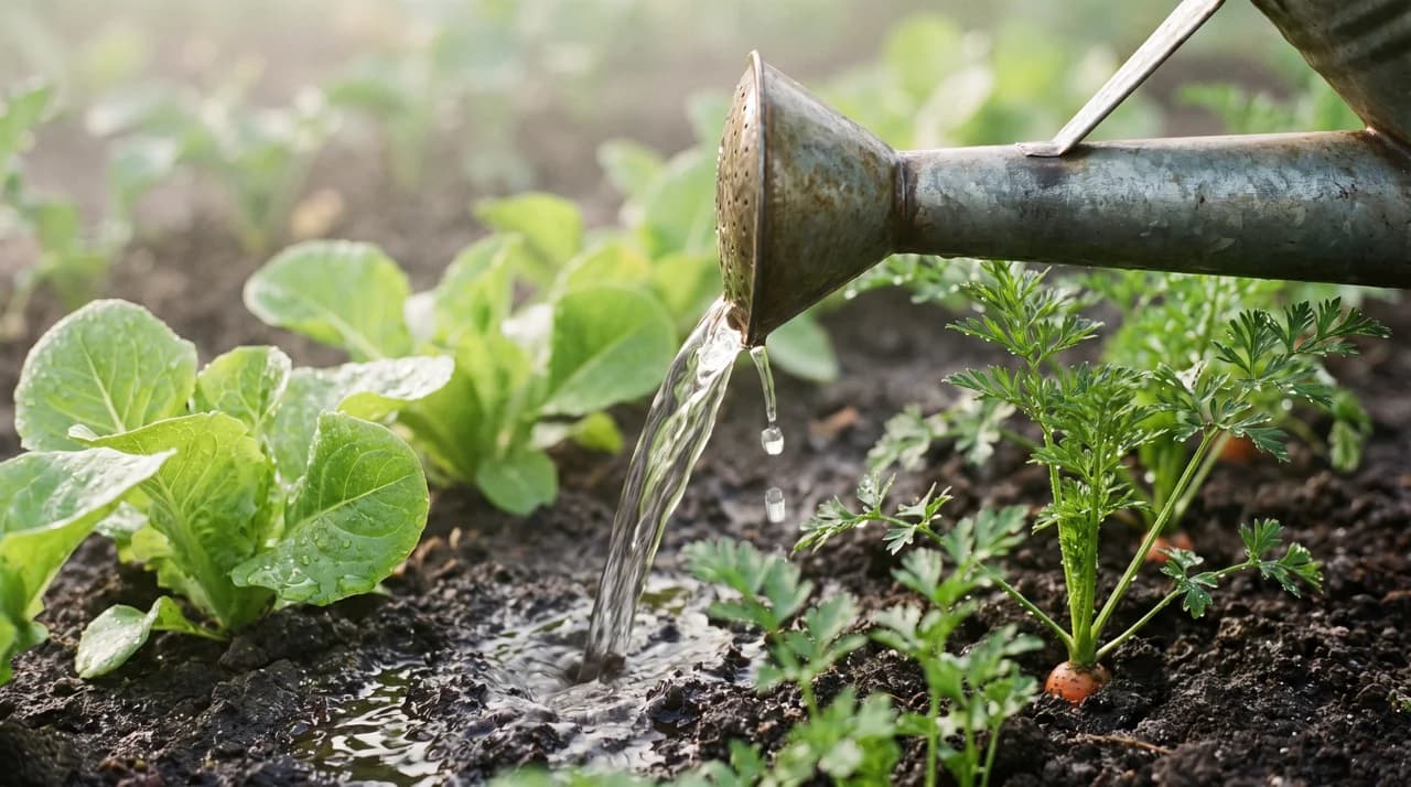 Metal watering can pouring water on vegetable seedlings showing how to water a garden properly.