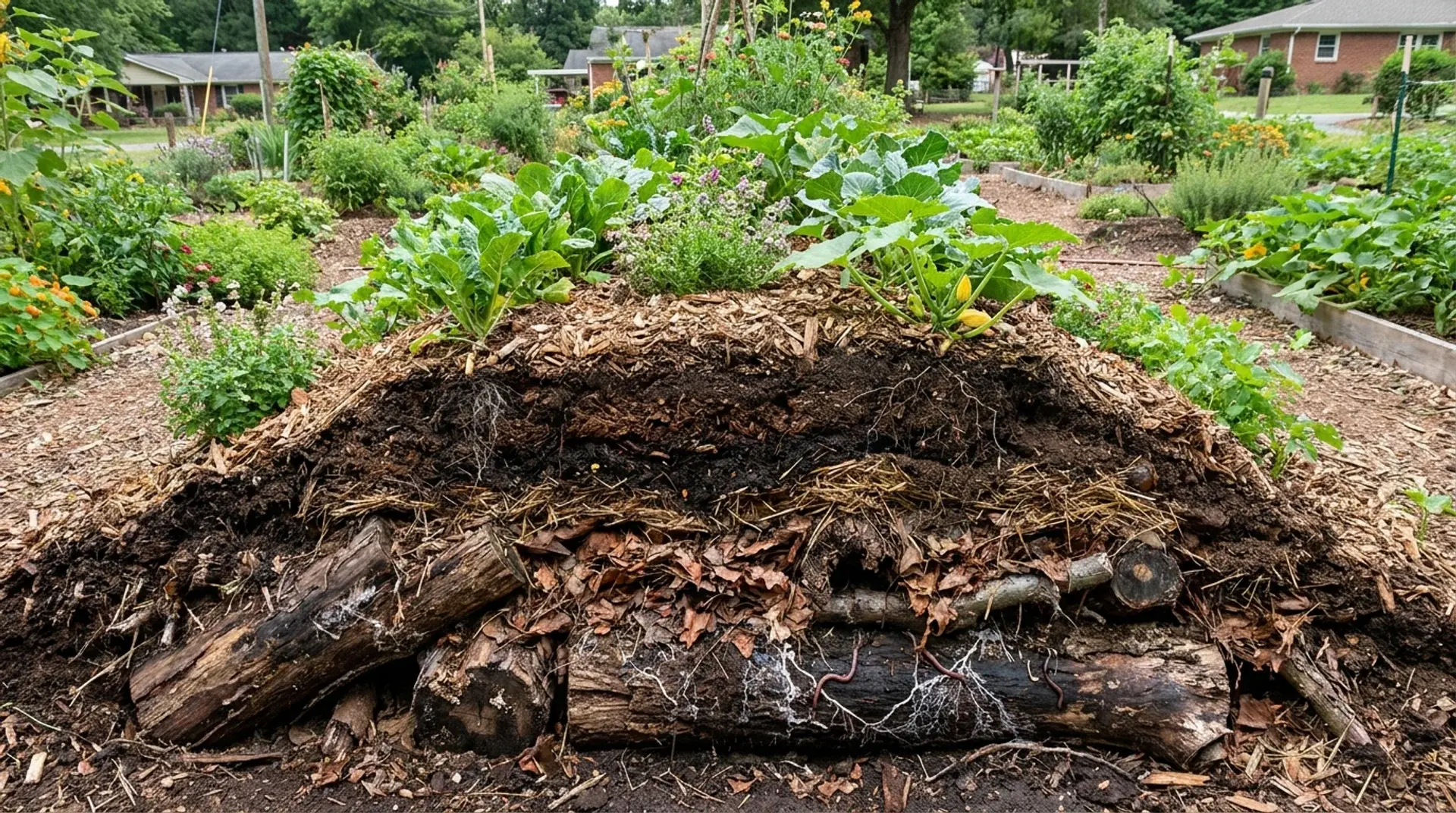 Hugelkultur garden mound with buried logs, compost layers, and plants growing above rich soil.