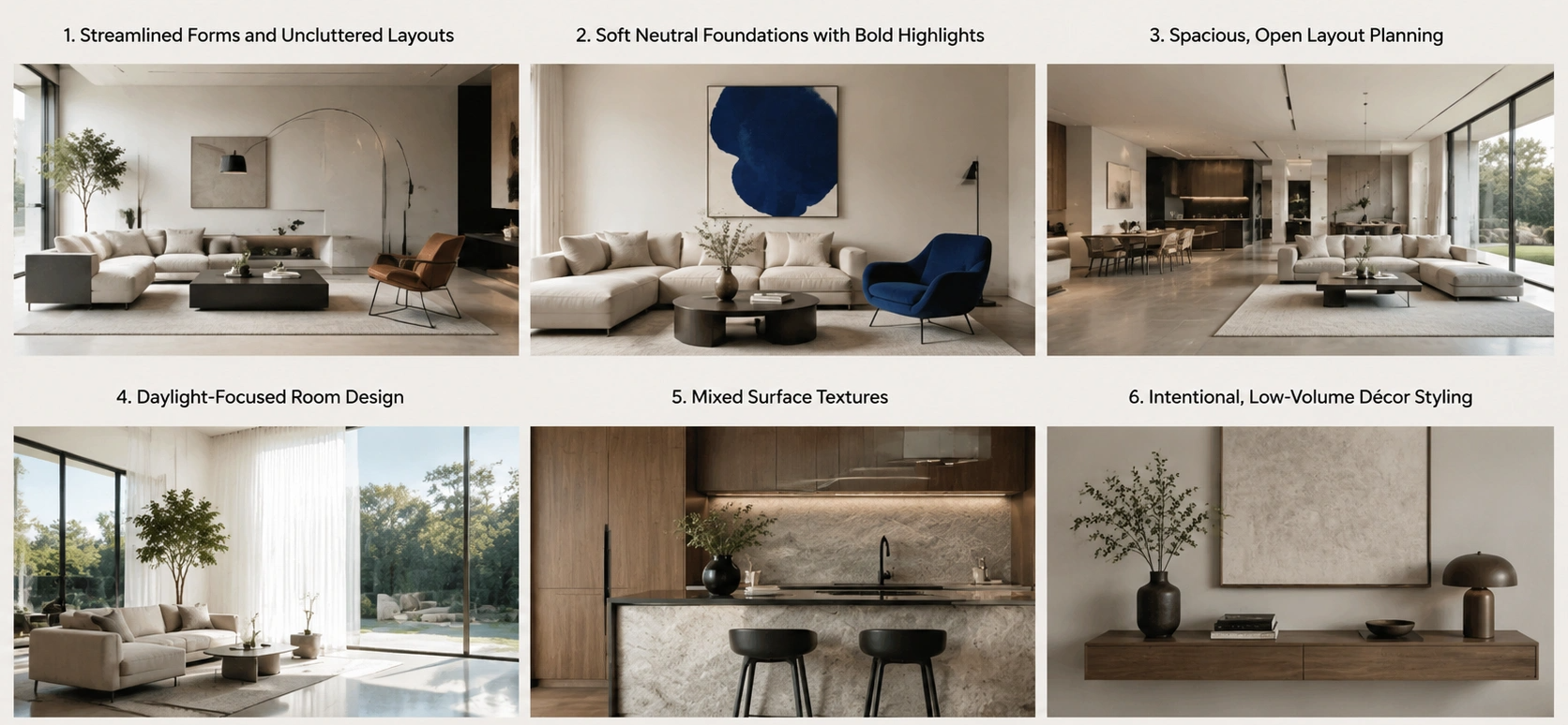 Signature traits of contemporary interiors showing streamlined forms, neutral tones, open layouts, natural light, textures, and minimal décor.