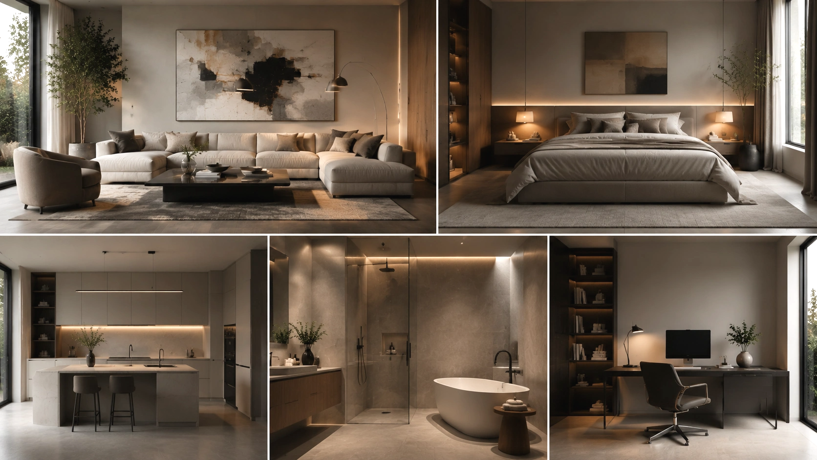 Contemporary interior design across rooms featuring a living room, bedroom, kitchen, bathroom, and office with clean layouts and warm details.