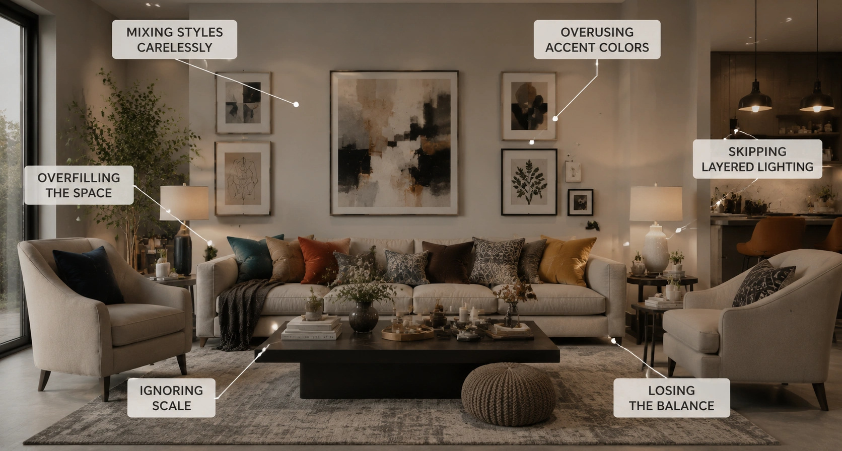 Contemporary interior design mistakes shown in a living room with cluttered decor, poor lighting, mismatched styles, and wrong proportions.