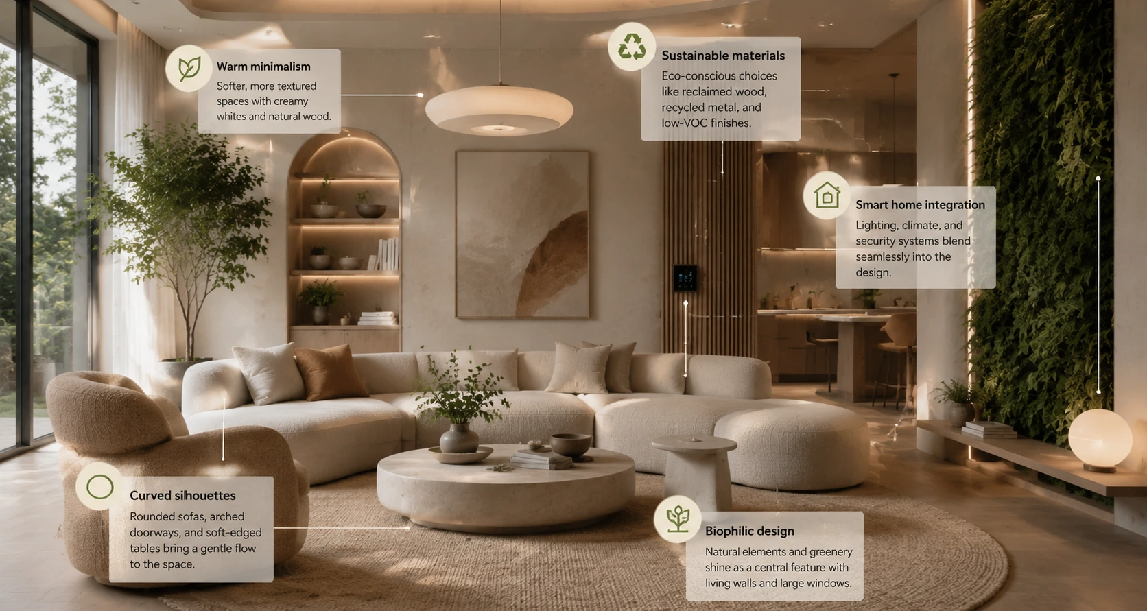 Signature traits of contemporary interiors showing streamlined forms, neutral tones, open layouts, natural light, textures, and minimal décor.