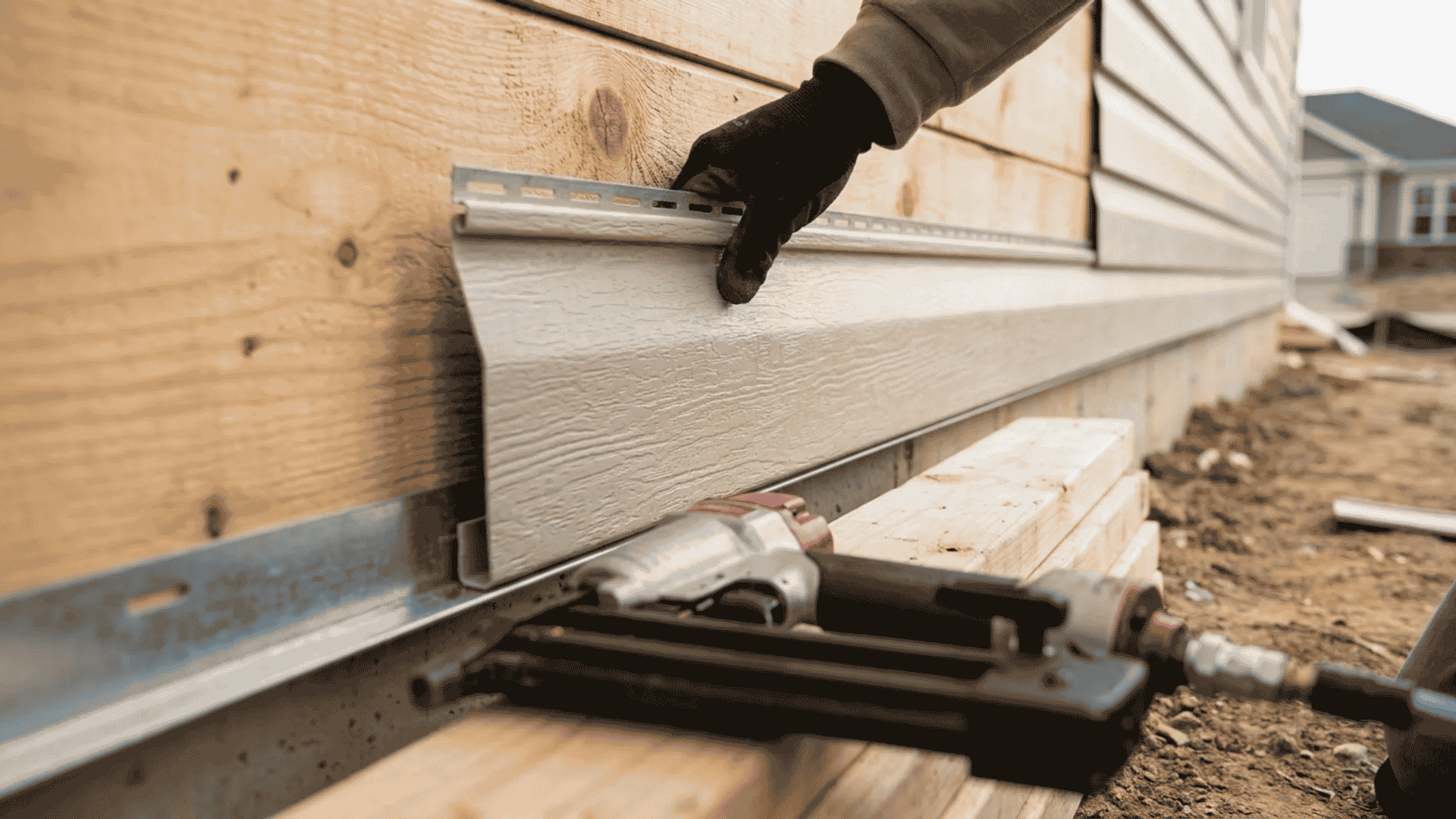 Attaching first vinyl siding panel to starter strip