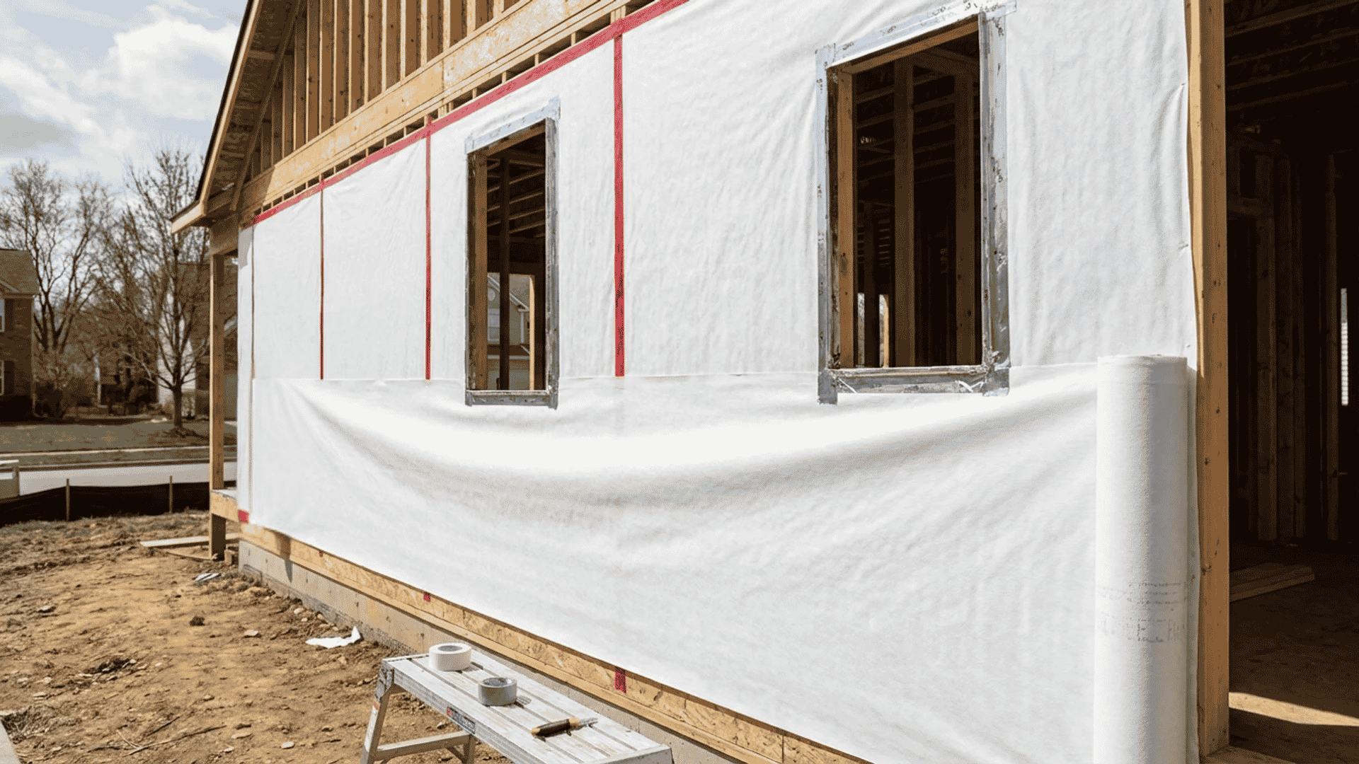 Applying house wrap to exterior wall before siding