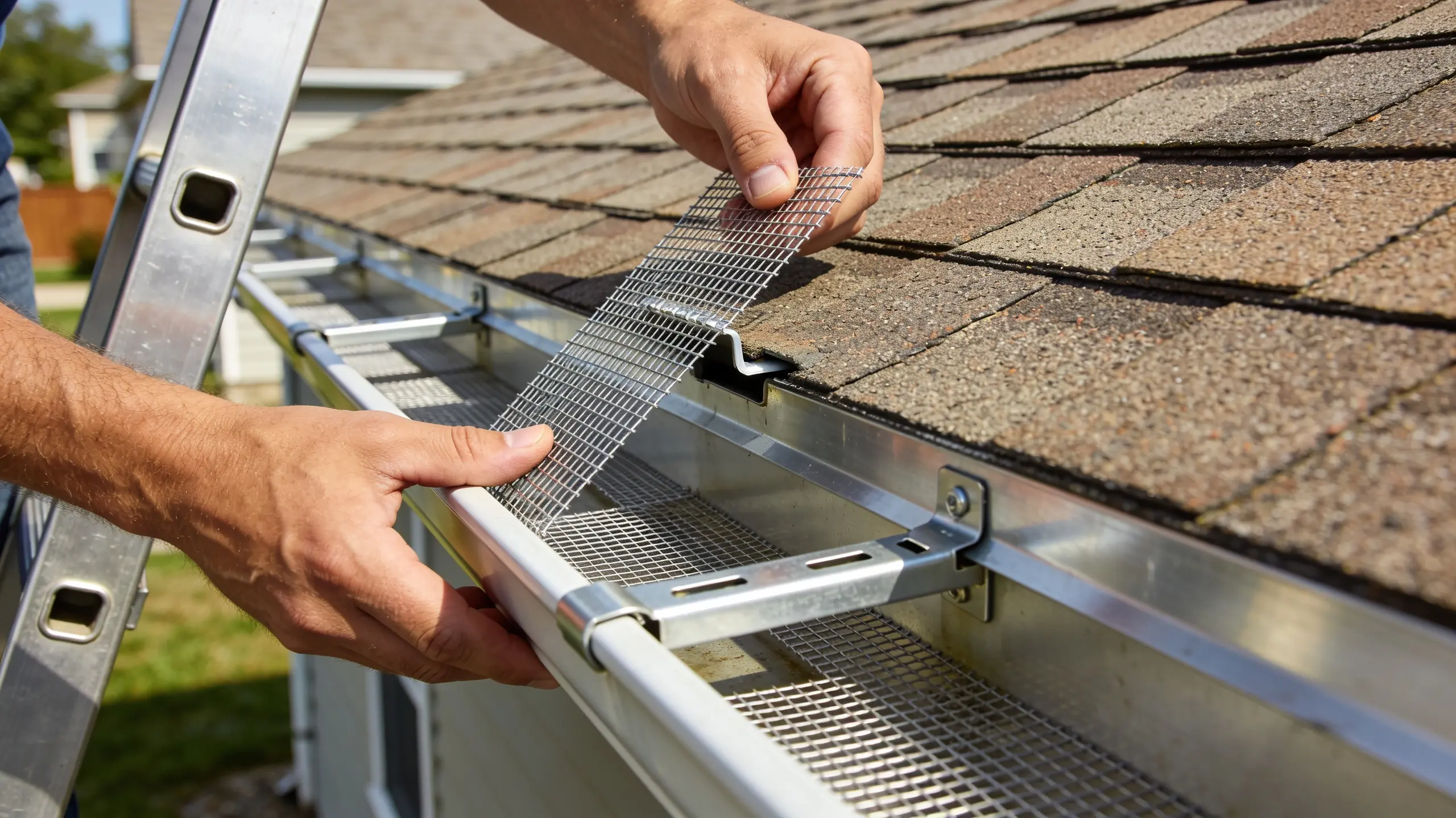 Hands installing metal mesh gutter guards onto a residential roof gutter, showing alignment and secure fitting along the roof edge.
