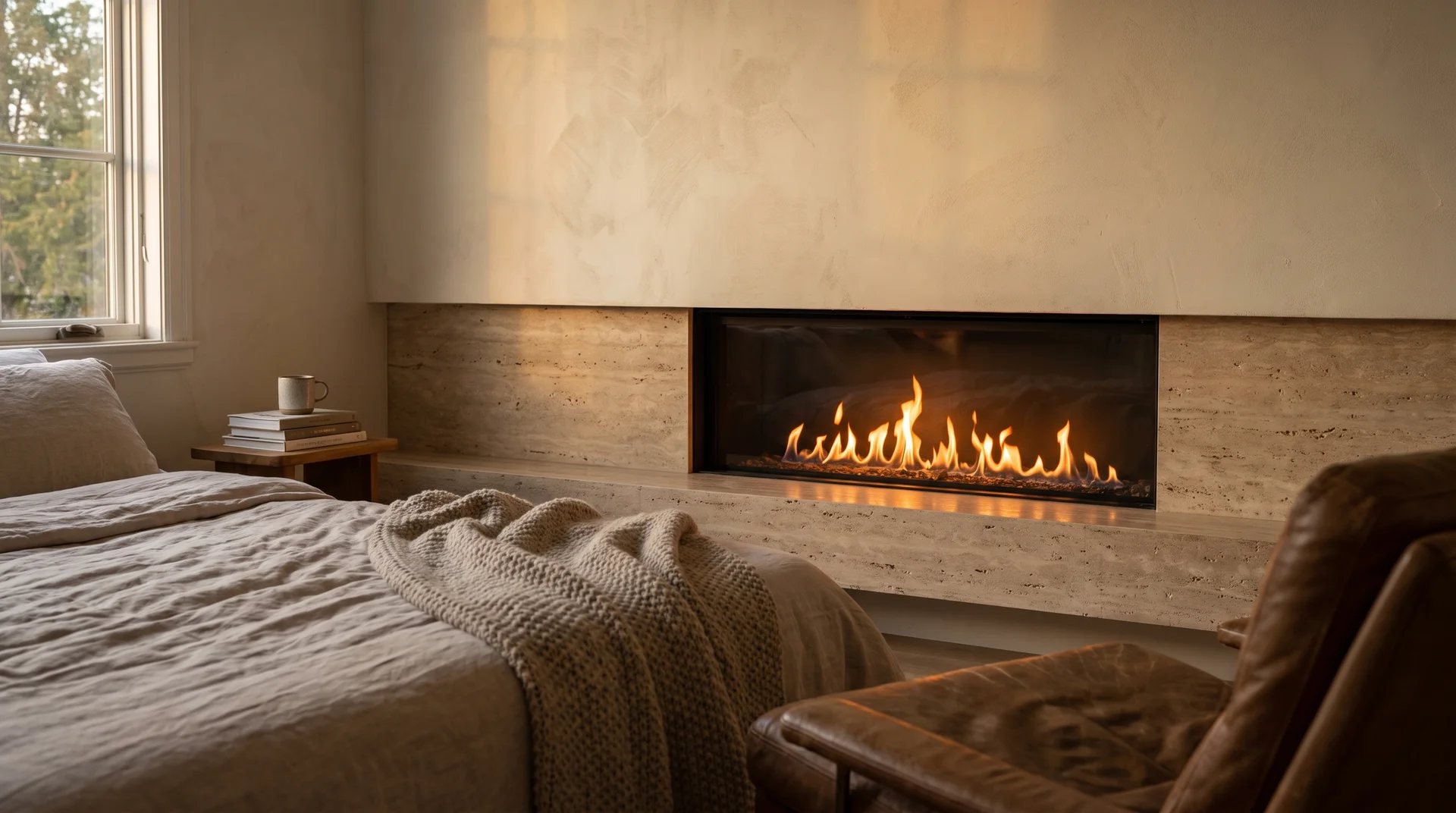 Gas fireplace recessed into a travertine surround casting warm flame light across a luxury bedroom.