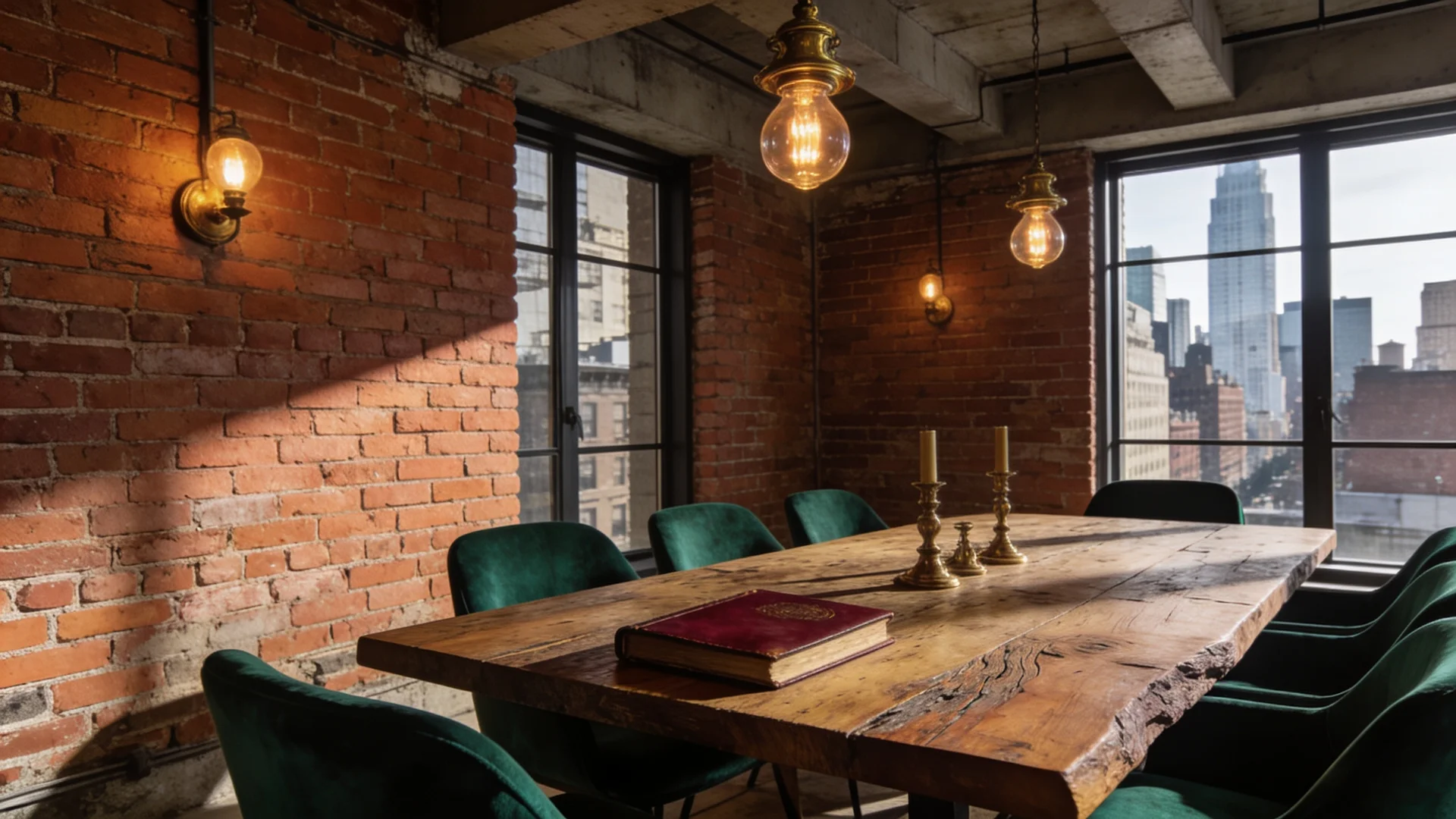 New York loft dining room with exposed thin brick veneer walls and Edison bulb lighting.