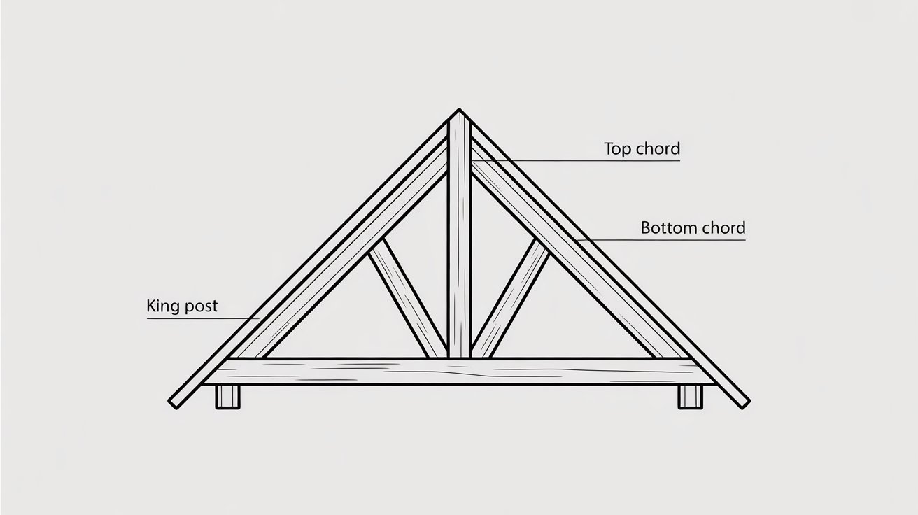 King post roof truss diagram showing top chord, bottom chord, and center king post with labeled timber frame structure”.