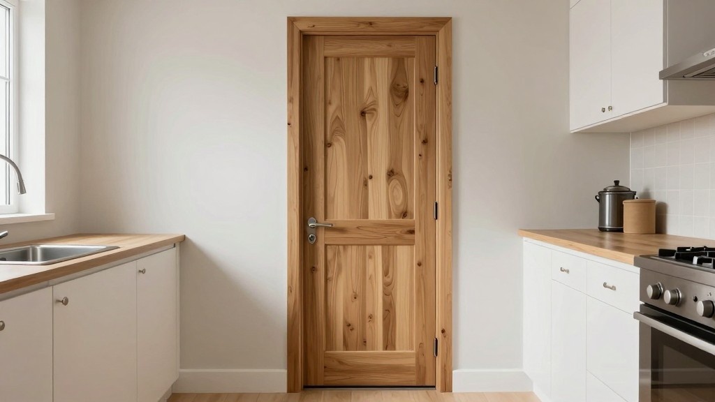 Kitchen door with natural wood casing and clean, practical trim design
