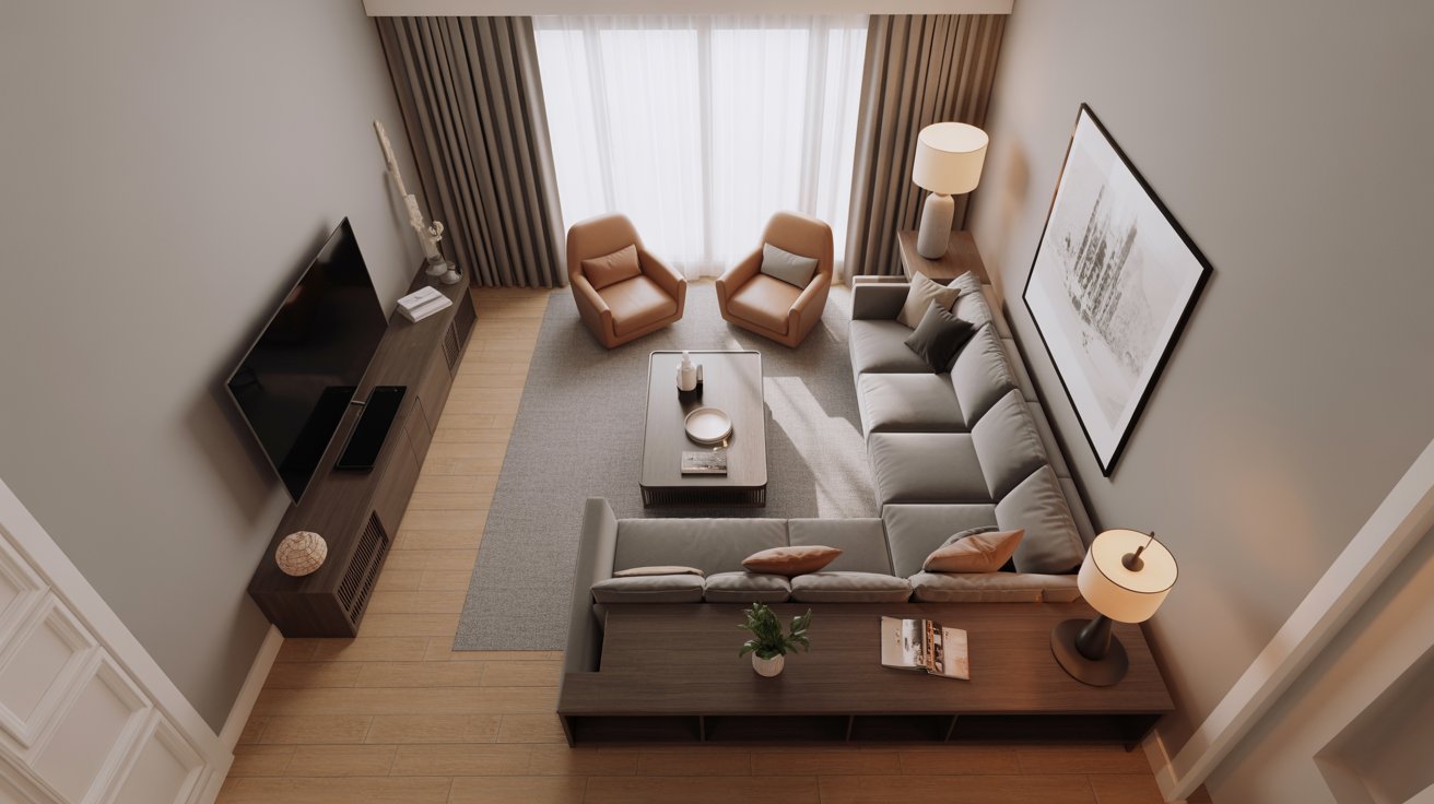 Overhead view of an L-shaped living room layout with a grey sofa, two tan armchairs, a wood console, and a large TV console.
