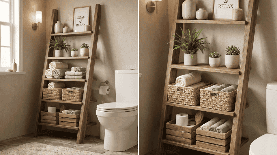 Freestanding ladder bathroom shelf with baskets, rolled towels, jars, and potted plants beside the toilet.