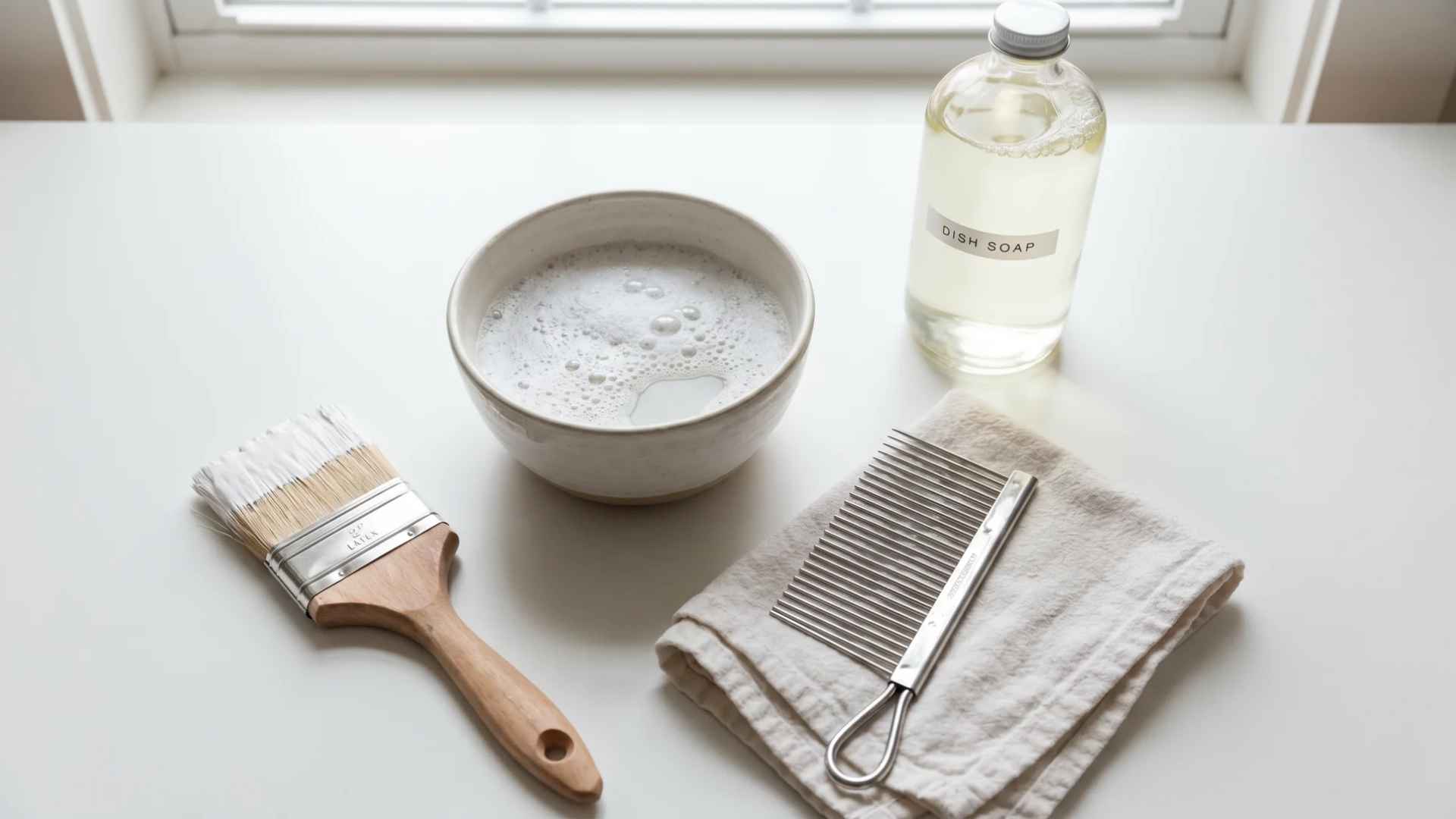 Dish soap, paintbrush, cleaning comb, and cloth displayed beside a bowl of soapy water.
