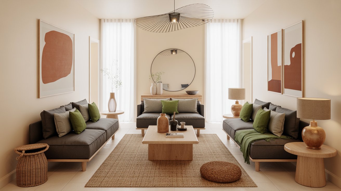 A neutral living room with green and beige sofas, a central coffee table, a round wall mirror, and abstract earth-toned art.