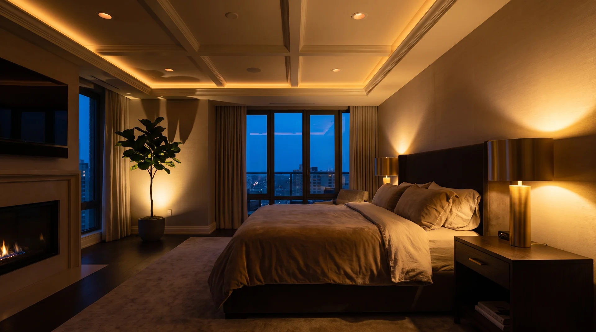 Luxury bedroom at evening with all three lighting layers active: dimmed recessed ceiling, amber bedside lamps and warm cove perimeter glow