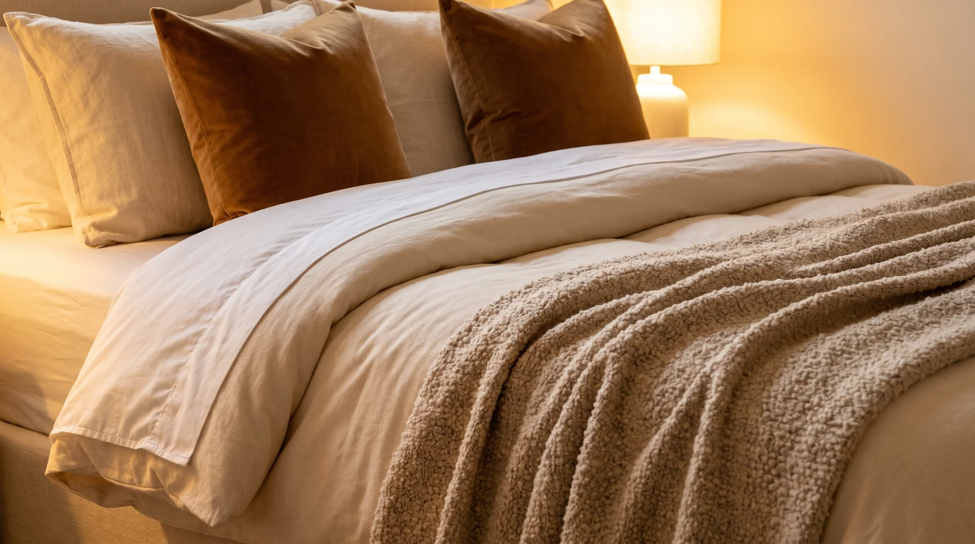 Impossibly plush luxury bed with velvet caramel euro shams, high-loft sateen duvet, chunky bouclé throw and warm bedside lamp glow.