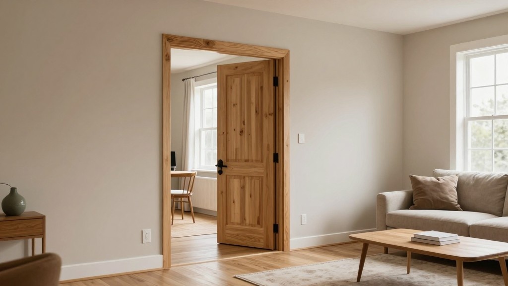Entryway door with decorative fluted casing and crown molding detail