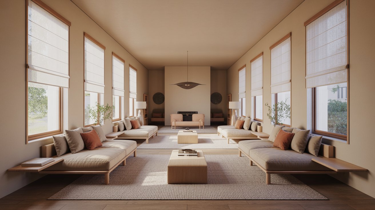 A symmetrical long living room with windows on both side walls and two low-profile beige sofas facing each other.