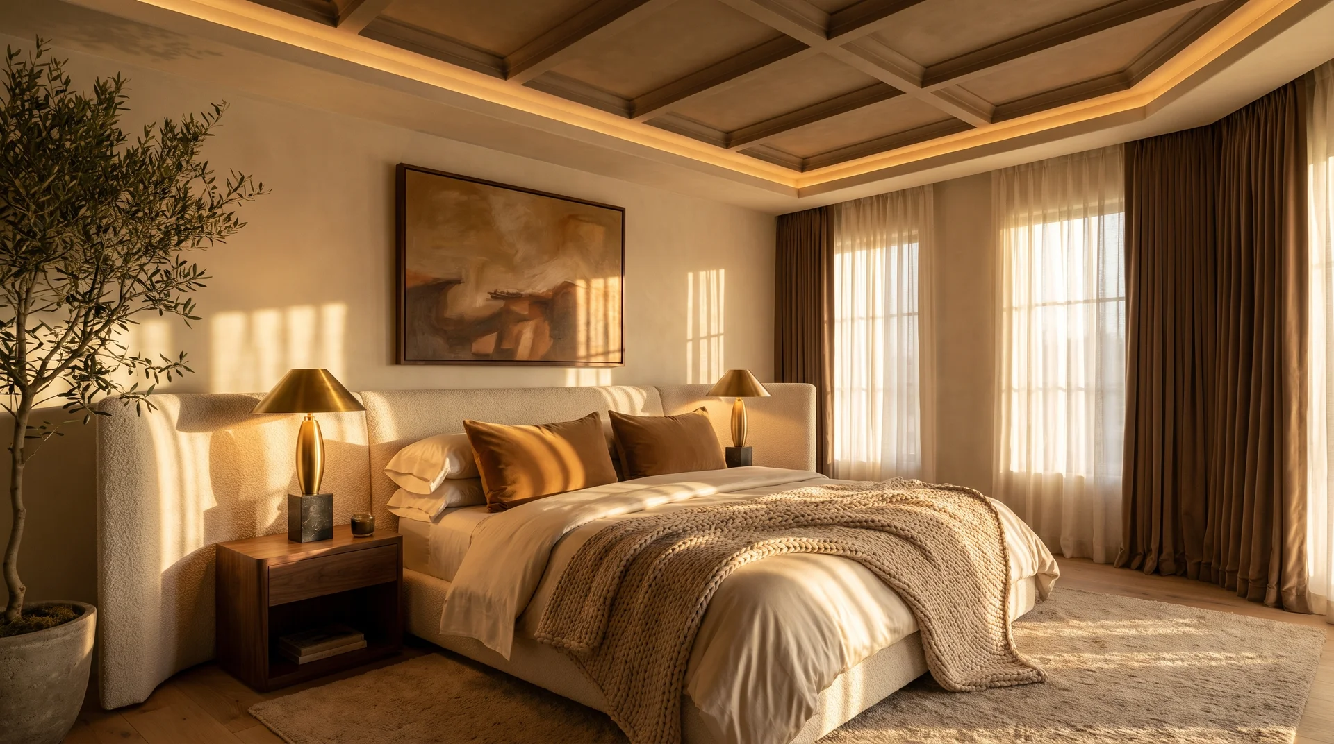 Luxury master bedroom with ivory bouclé headboard, golden light, coffered ceiling and layered champagne bedding.