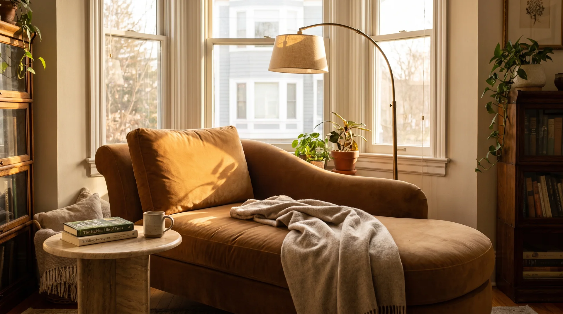 Cozy luxury bedroom reading corner with caramel velvet chaise longue, cashmere throw, travertine side table and aged brass arc lamp in warm afternoon light.