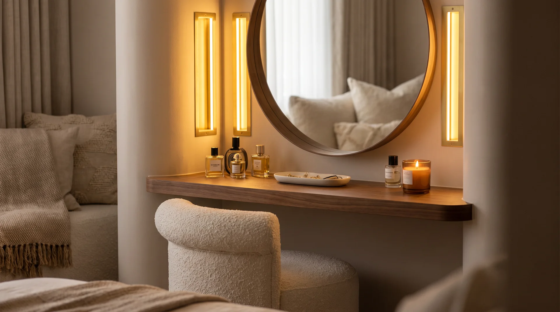 Bespoke bedroom vanity with round mirror warm task lighting and bouclé stool in intimate light.