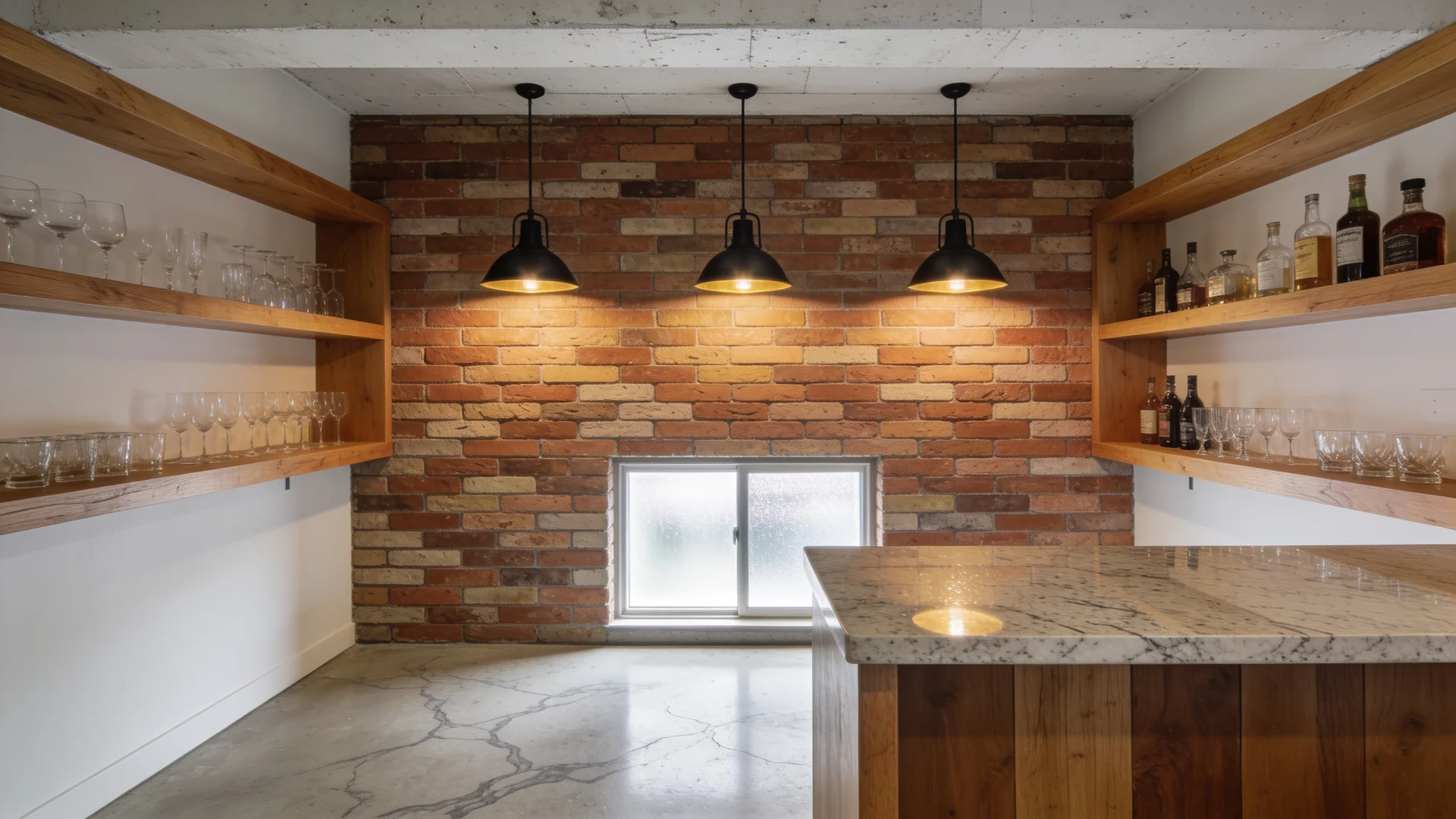 Modern basement bar with interlocking brick veneer accent wall and warm pendant lighting.