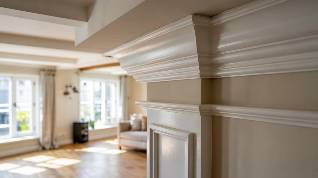 MDF crown molding with smooth painted finish and clean profile in a bright modern interior