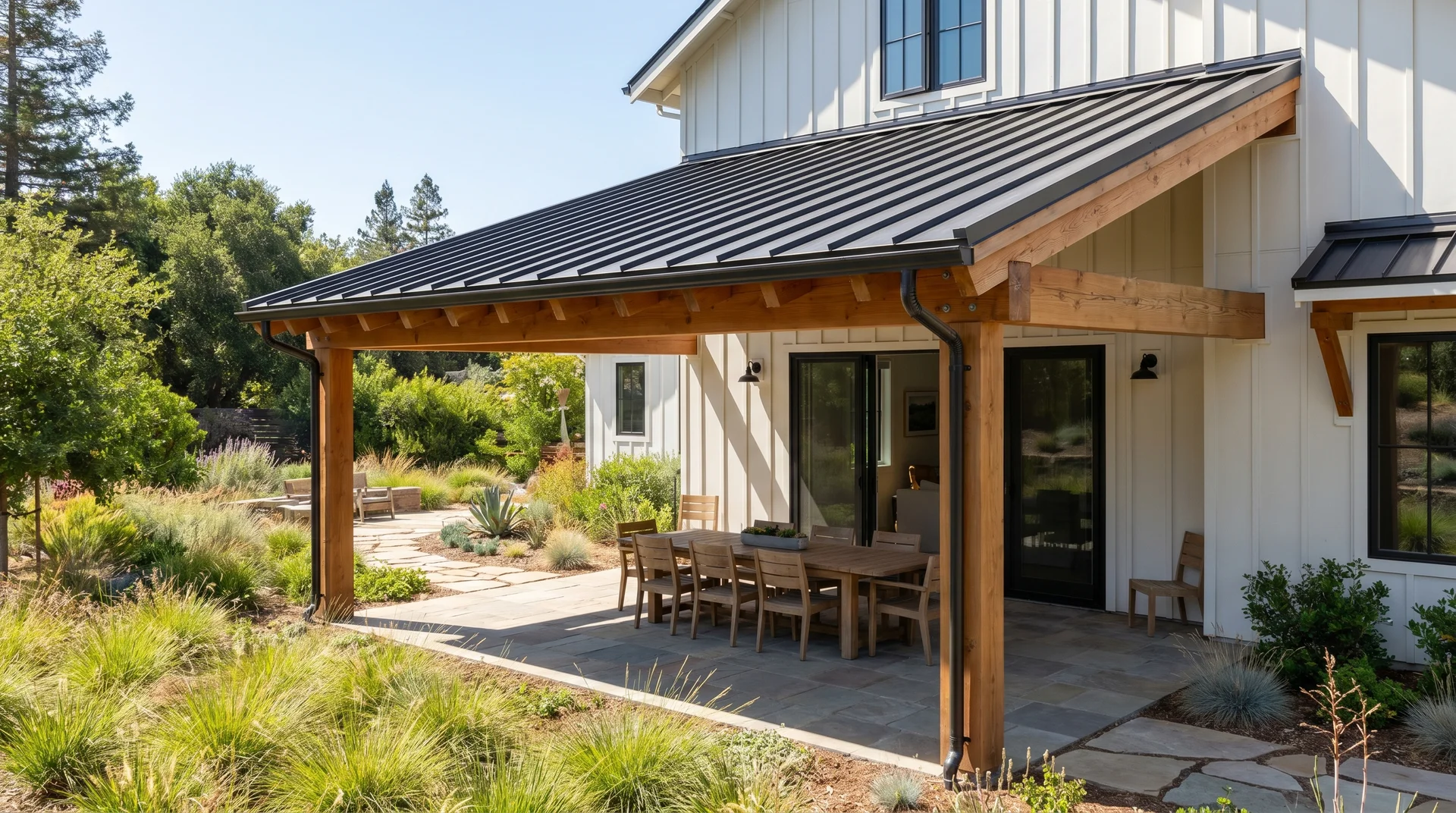Modern dark metal roof extension over a backyard patio and outdoor living space of a large luxury house.