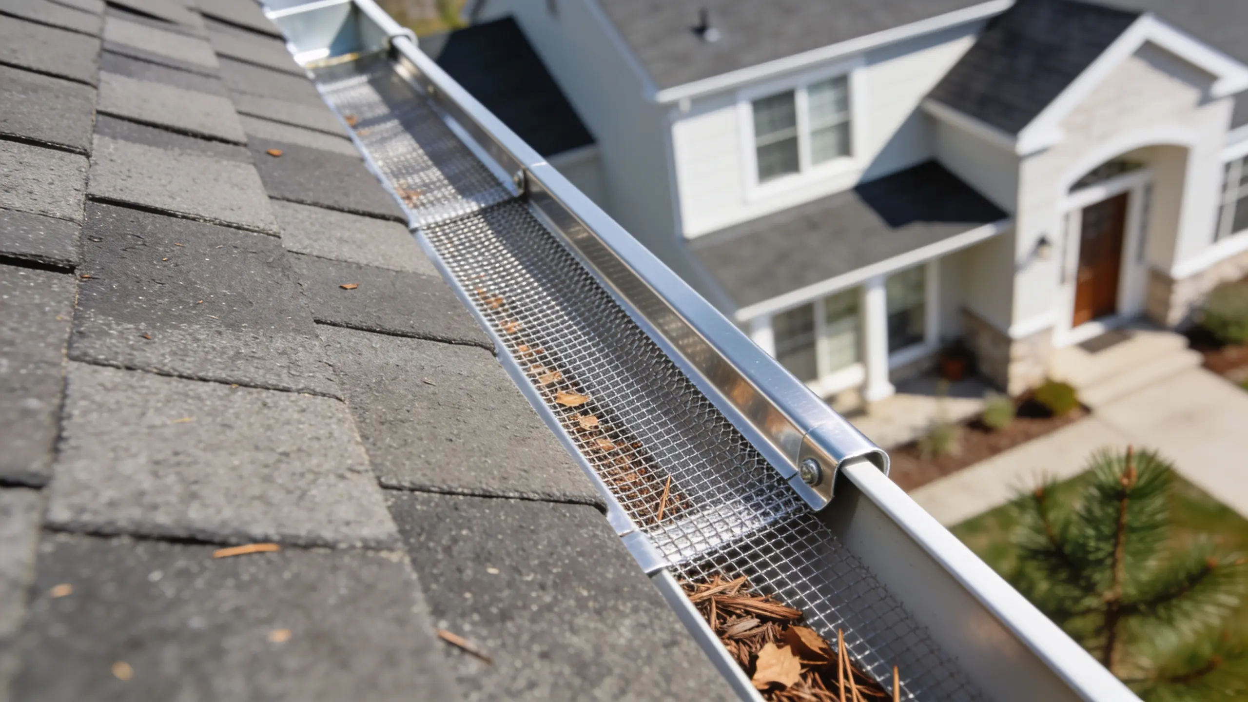 Close-up of stainless steel micro-mesh gutter guard installed on a residential roof gutter blocking pine needles and debris while allowing water flow.
