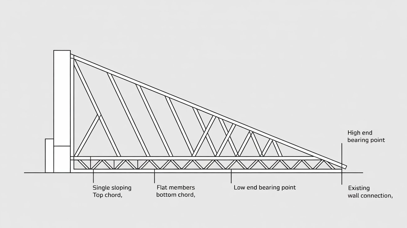 mono roof truss diagram showing single sloping top chord, flat bottom chord, web members,s and wall connection point labeled.