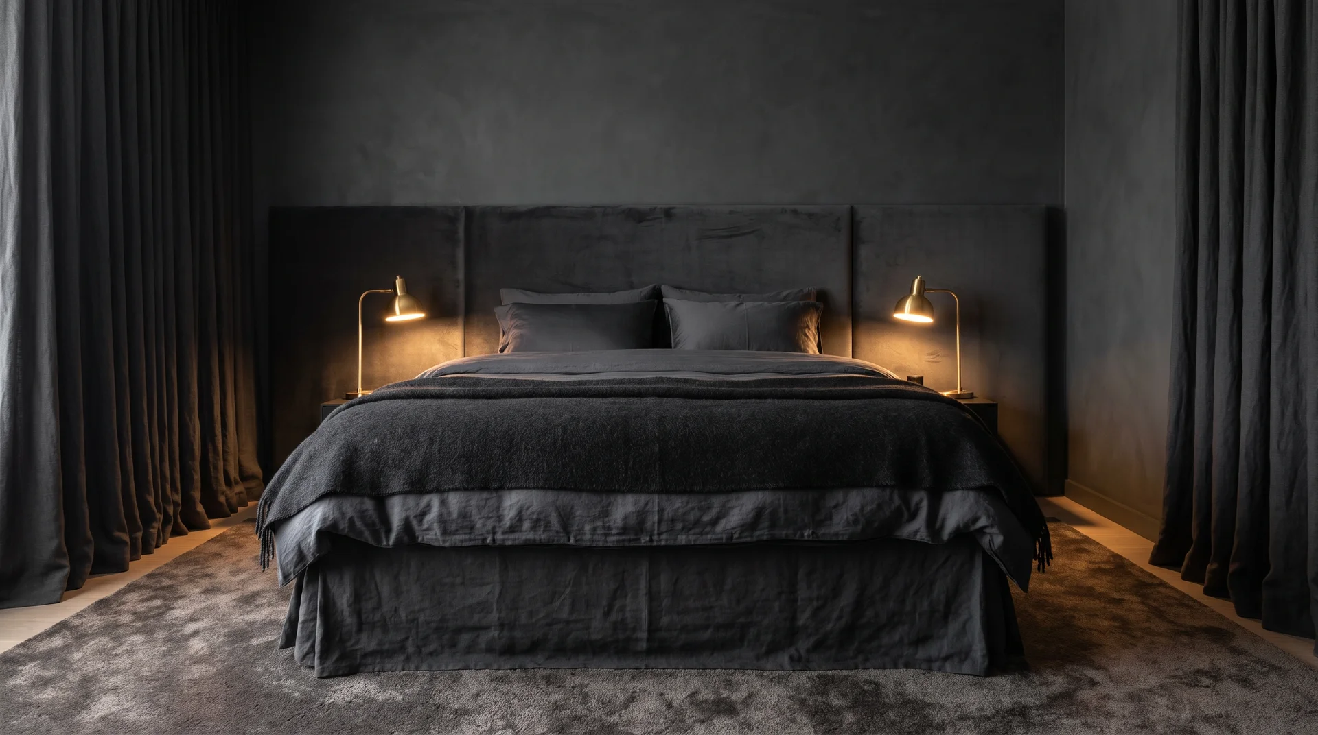 Fully monochromatic deep charcoal luxury bedroom with velvet headboard, charcoal linen drapes, layered slate bedding and brushed brass lamps as sole metallic accent.