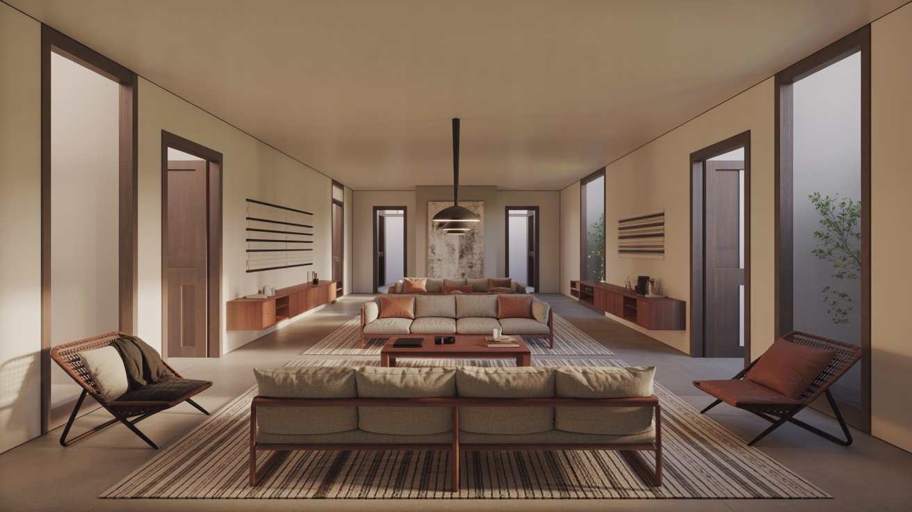 A long narrow living room with a central seating arrangement, multiple open doorways on the side walls, and wood armchairs.
