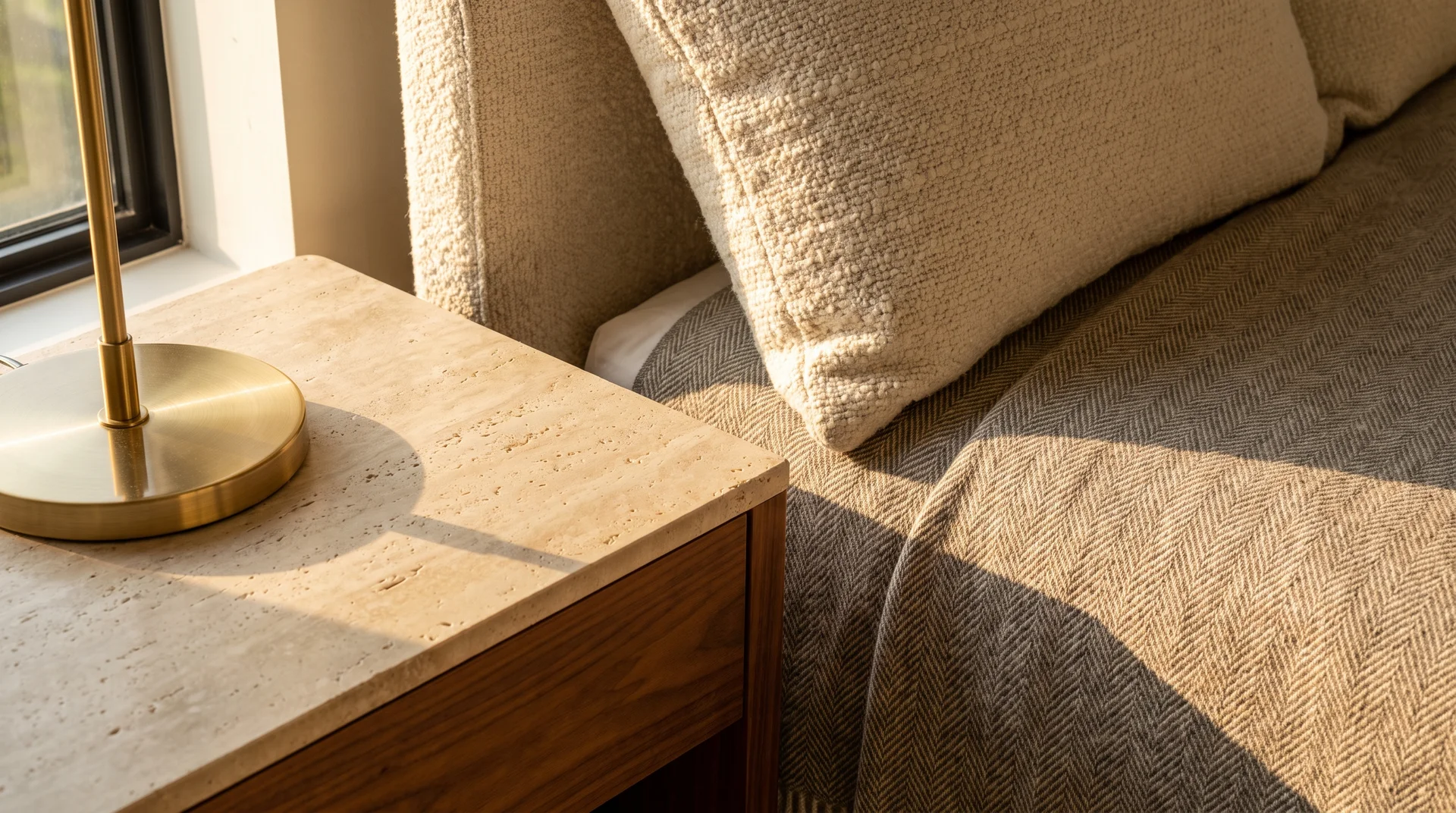 Luxury bedroom natural material corner with honed travertine surface, walnut base, bouclé cushion, brass lamp and white oak flooring.