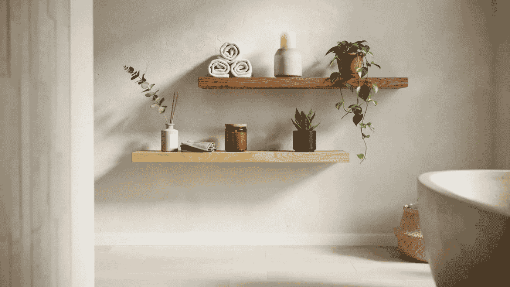 Minimal bathroom with floating wood shelves, small plants, candles, and rolled towels, neutral spa-like style.