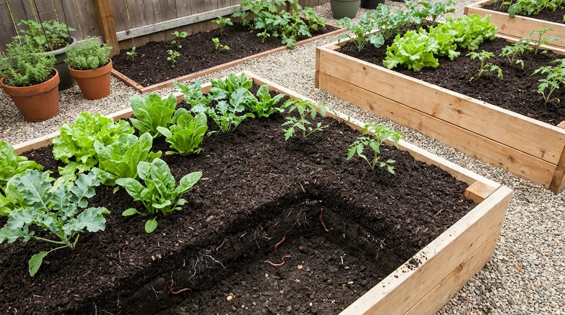 Raised garden beds topped with compost using the Charles Dowding no-dig gardening method.