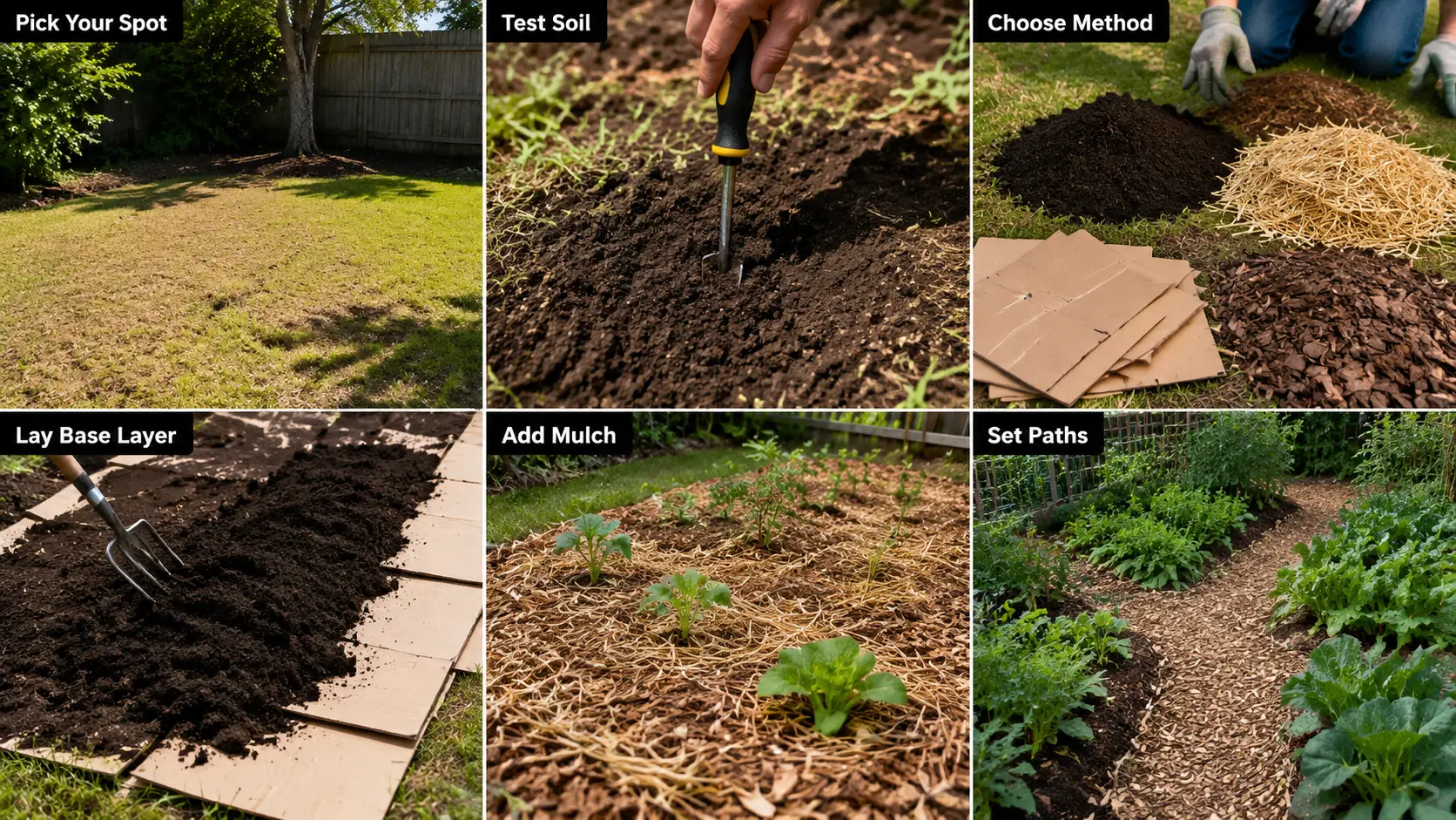 Six steps showing how to start a no-till garden with soil testing, mulch, and garden paths.