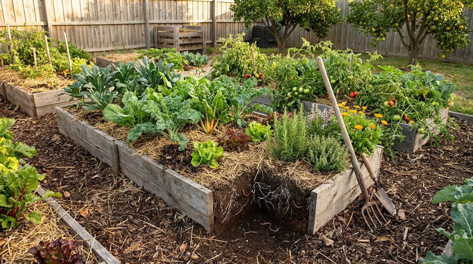 Thriving no-till vegetable garden with mulch-covered soil, healthy plants, compost, and sustainable gardening tools.