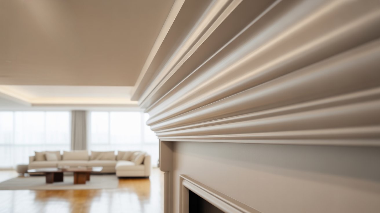 Ogee crown molding detail with S-shaped curves along the ceiling edge in a modern living room