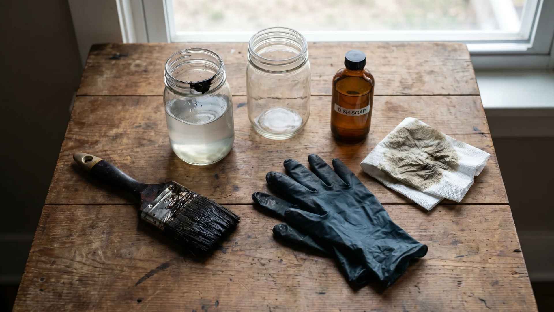 Paintbrush cleaning supplies including dish soap, gloves, jars, and stained cloth on a wooden table.
