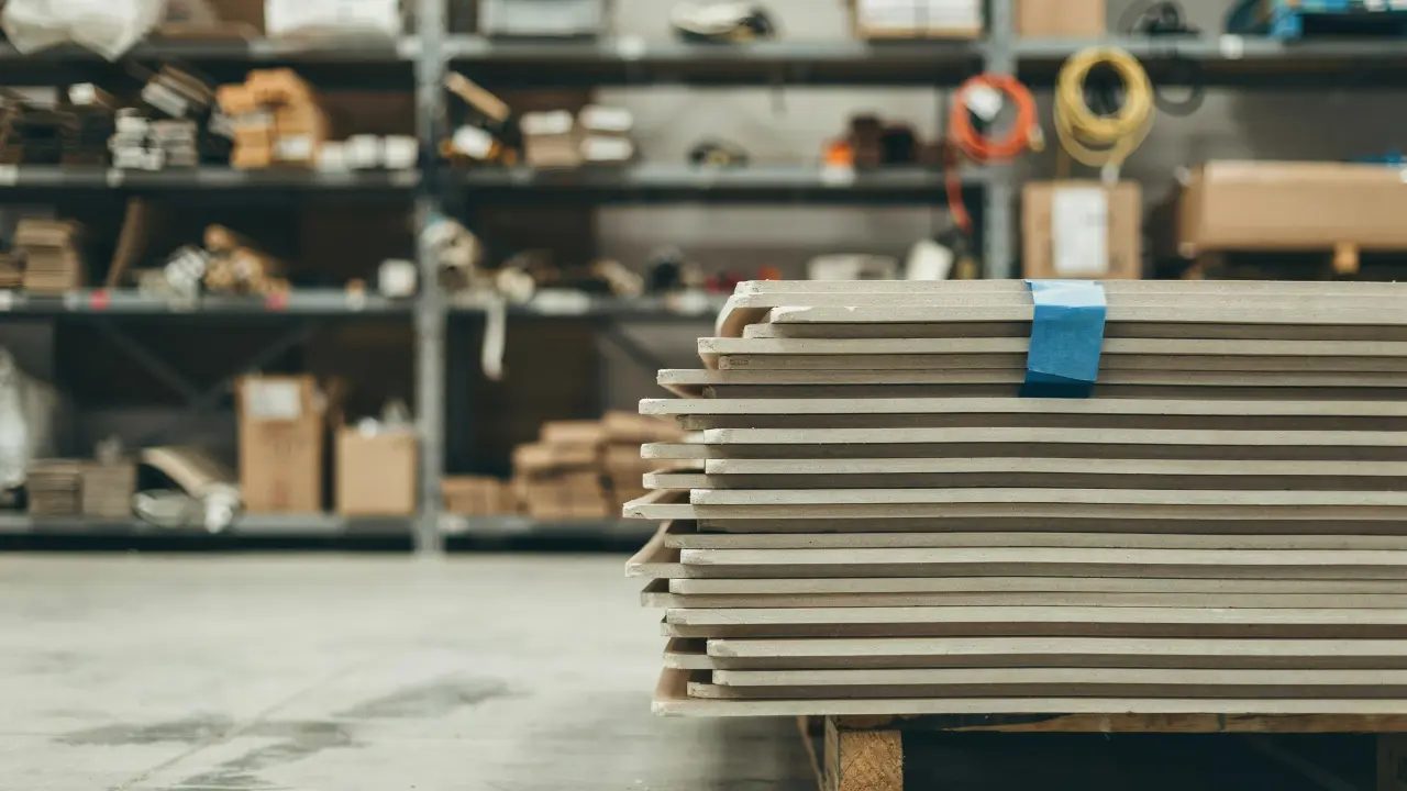 Stack of 1/4 inch drywall sheets showing thin flexible panels for curved wall applications.