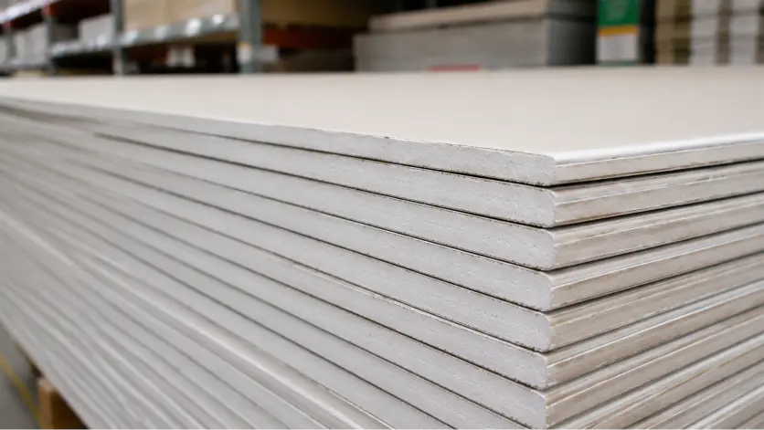 1/2 inch drywall panels stacked, standard interior wall material for residential framing.
