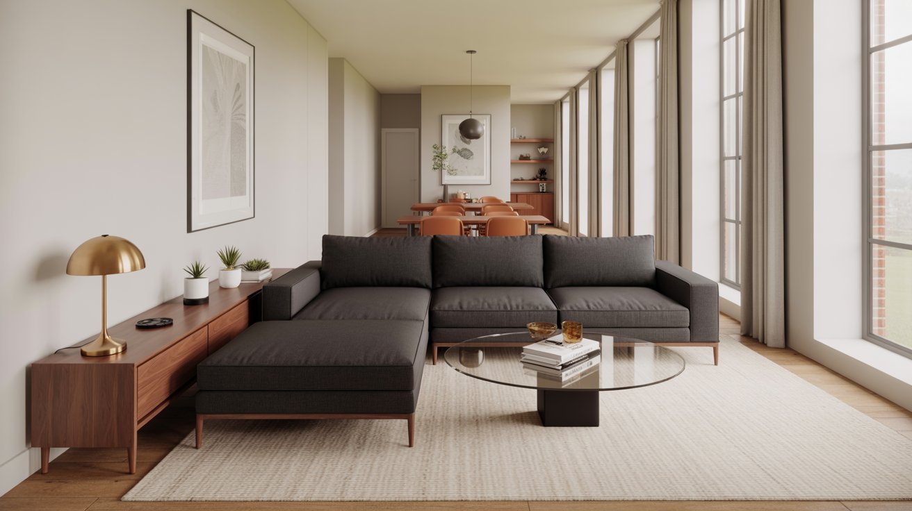 A dark grey sectional sofa with a glass coffee table in an open-concept living room that transitions into a dining area.