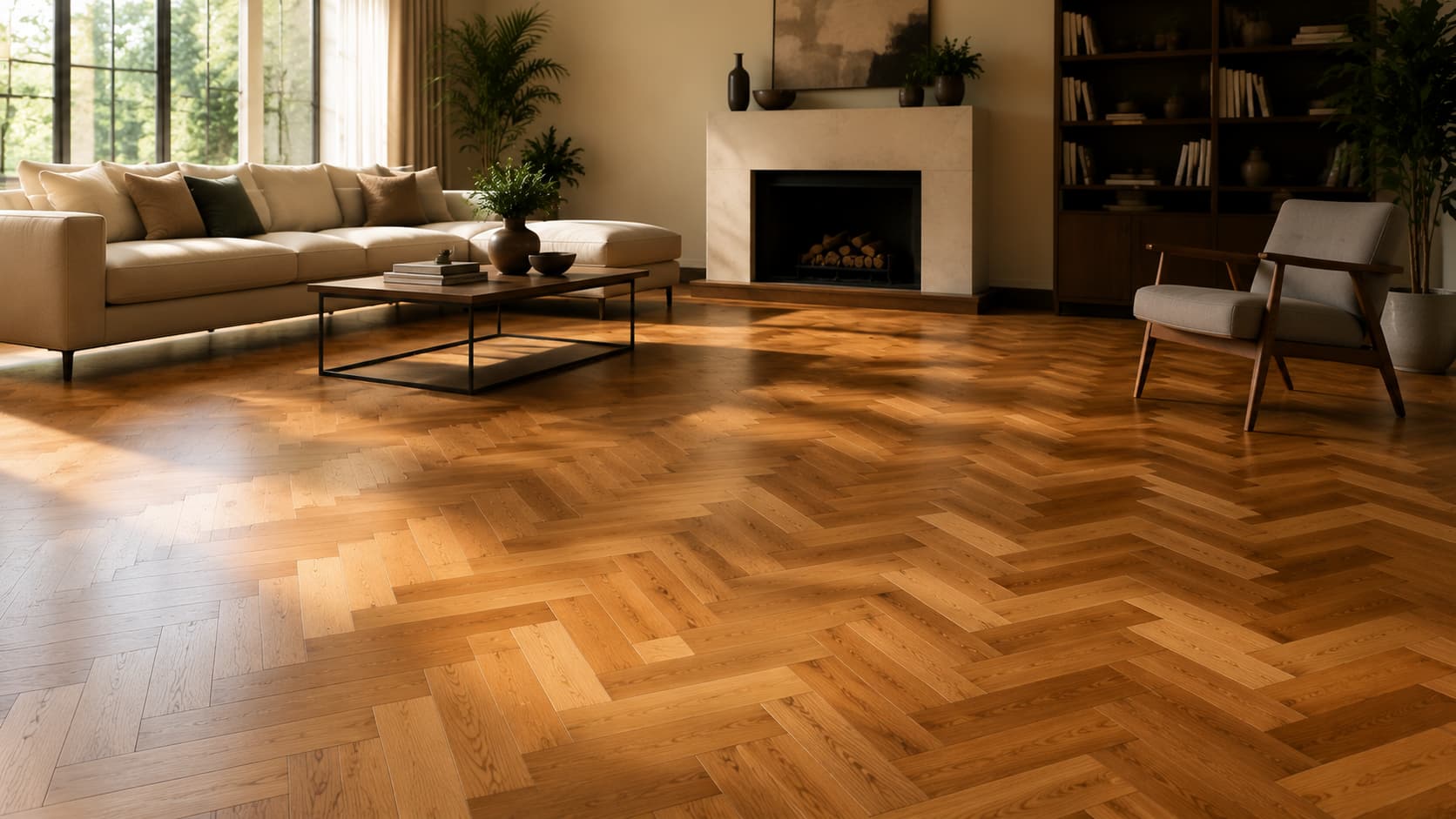 Parquet wood flooring in a classic herringbone pattern installed in a spacious living room with a white sofa.
