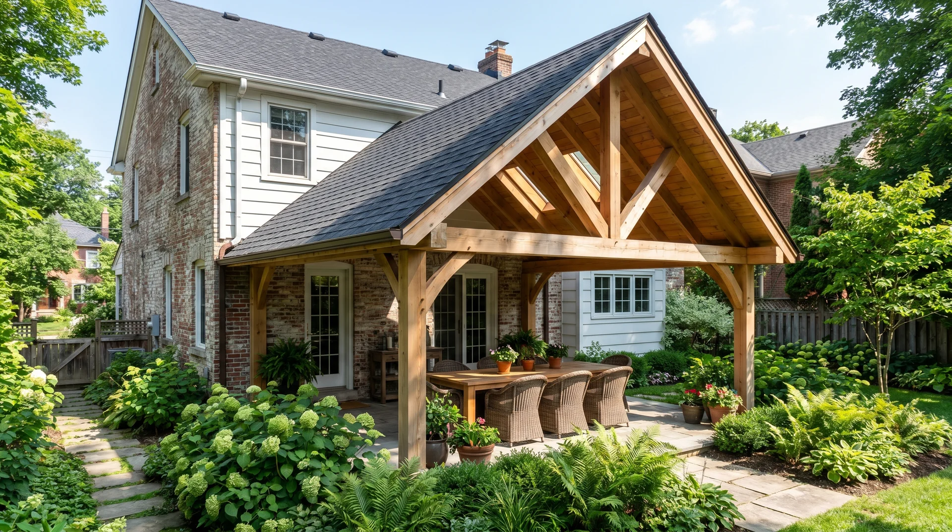 A pitched timber roof extension with exposed wooden beams covering a patio next to a luxury house.