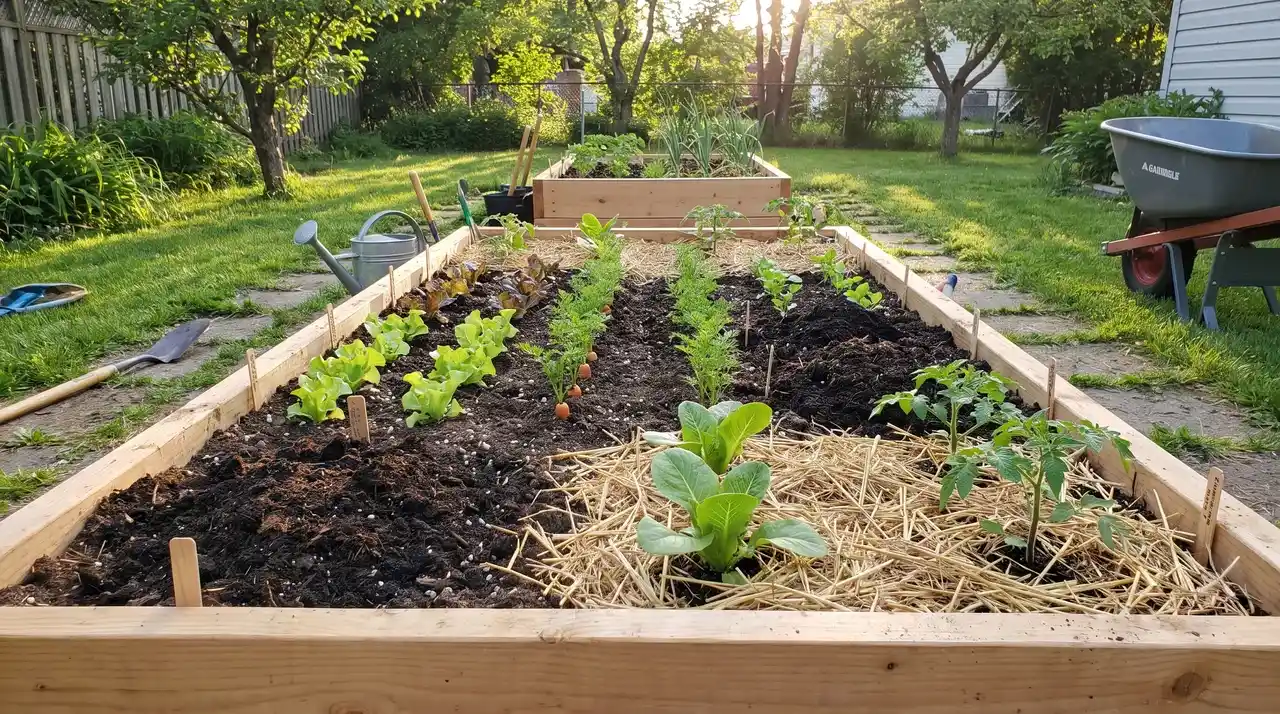 Freshly planted vegetable garden bed with seedlings, mulch, compost, and organized planting rows.