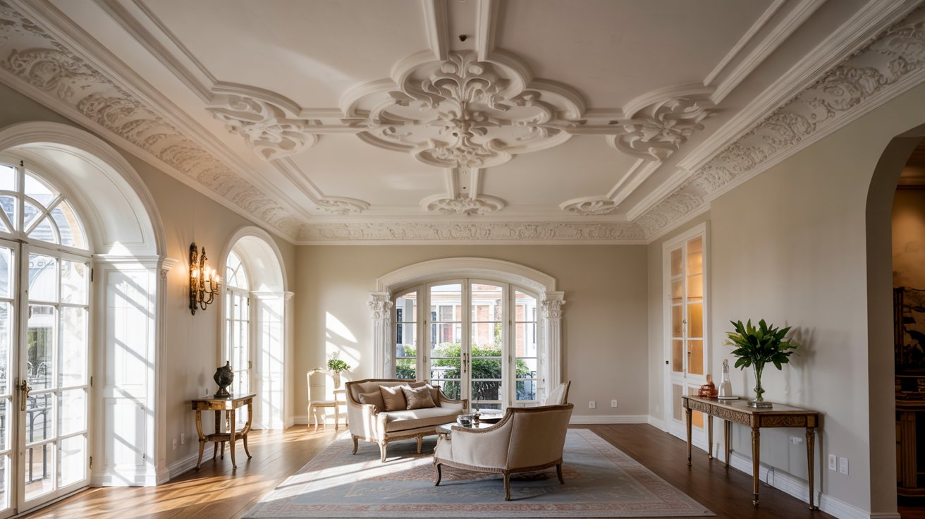 Plaster crown molding with intricate decorative ceiling details and classic ornate design in an elegant traditional room