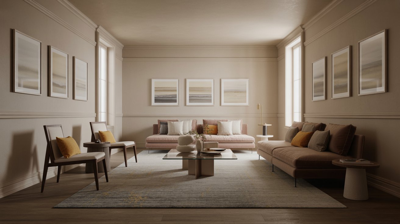A narrow beige living room featuring a wide area rug placed crosswise, multiple framed wall art pieces, and low-profile sofas.