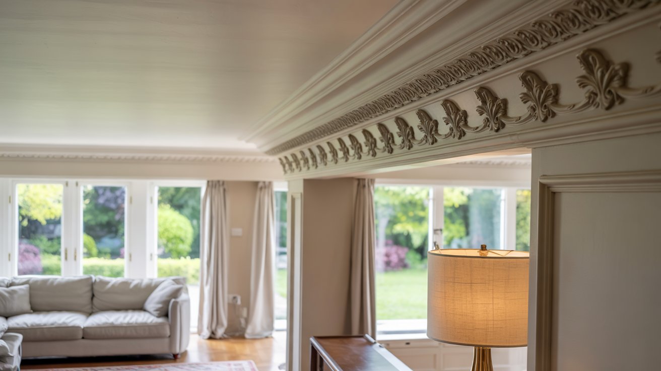 Polyurethane crown molding with ornate decorative detailing and a lightweight finish in a traditional living room interior